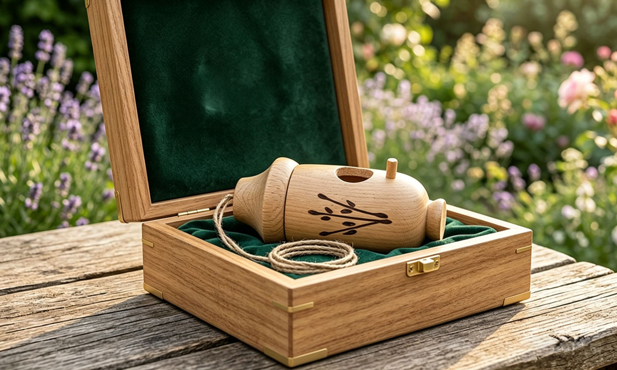 The wooden nest box presented in a gift box with straw packing