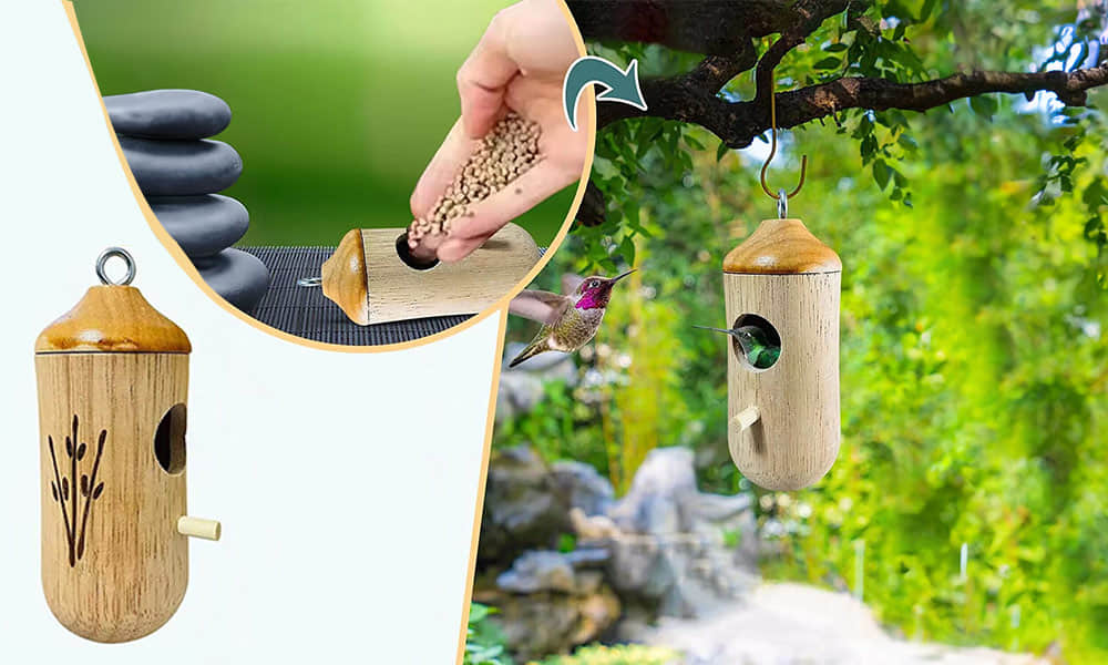 A wooden nest box hanging from a branch among green leaves