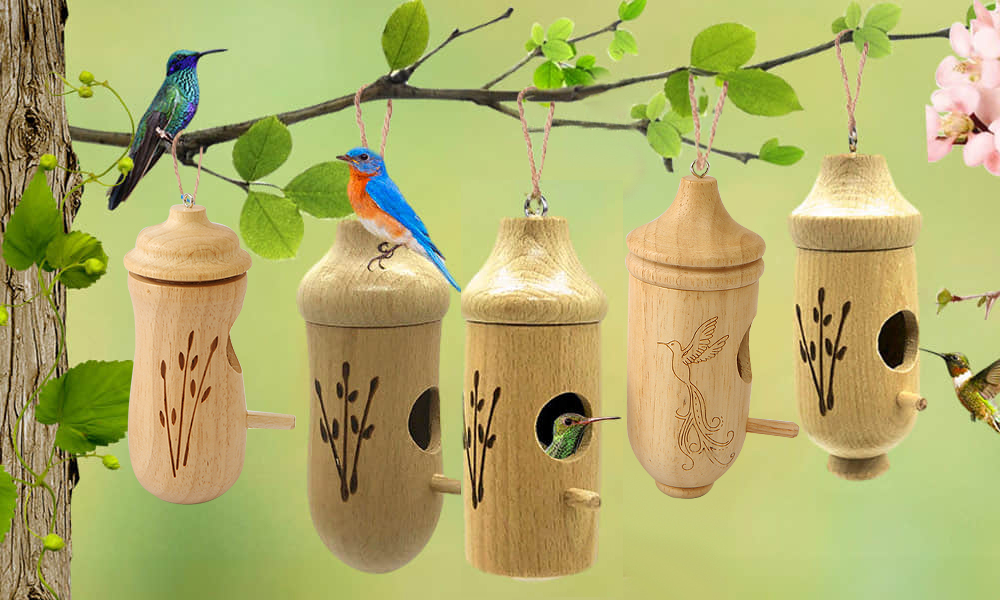 Finished wooden nest boxes lined up on a workshop shelf